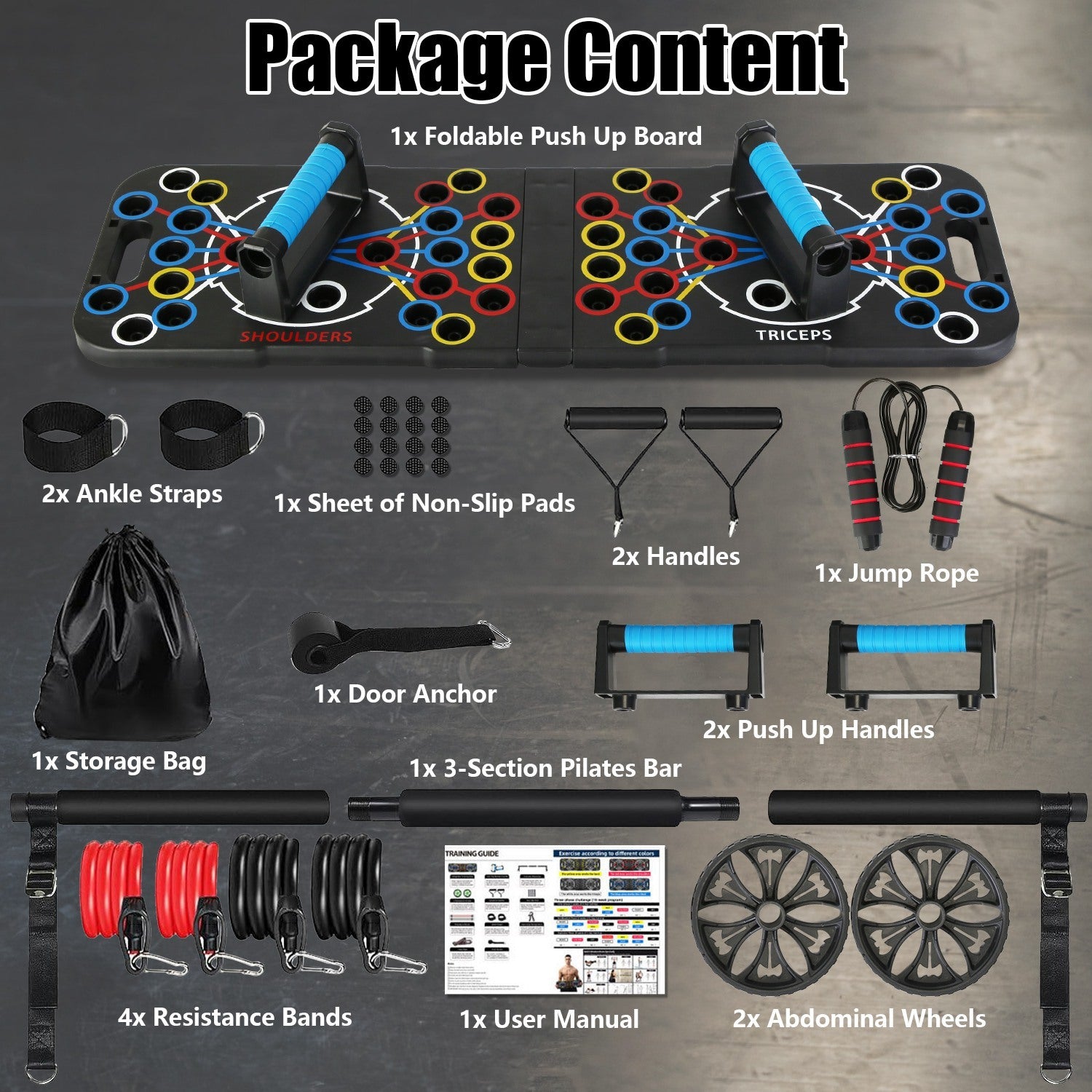 Multifunctional Push Up Board Home Strength Training Equipment With 15 Fitness Accessories Pilates Bar Resistance Band Roller Wheel Full Body Workout Home Gym Equipment